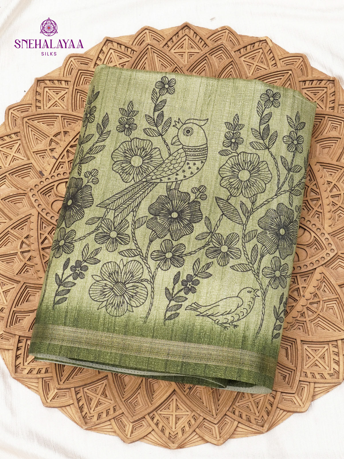 Sage Green Floral Printed Tussar Saree