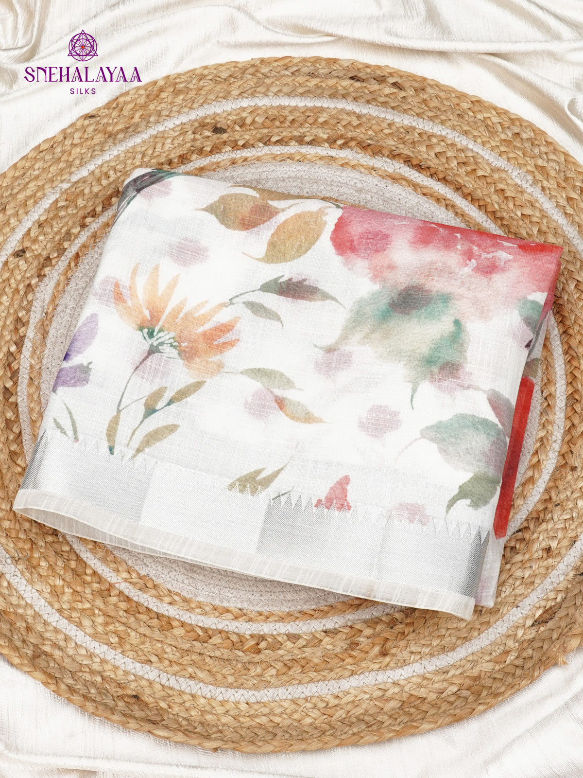 Off White Printed Linen Saree