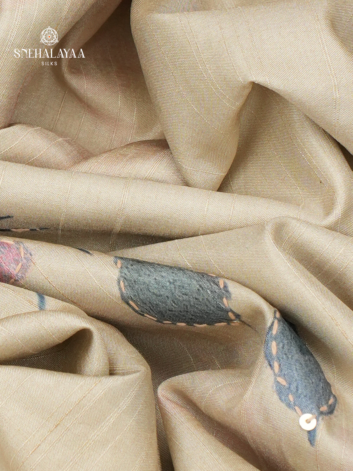Beige Tussar Embroidery Saree