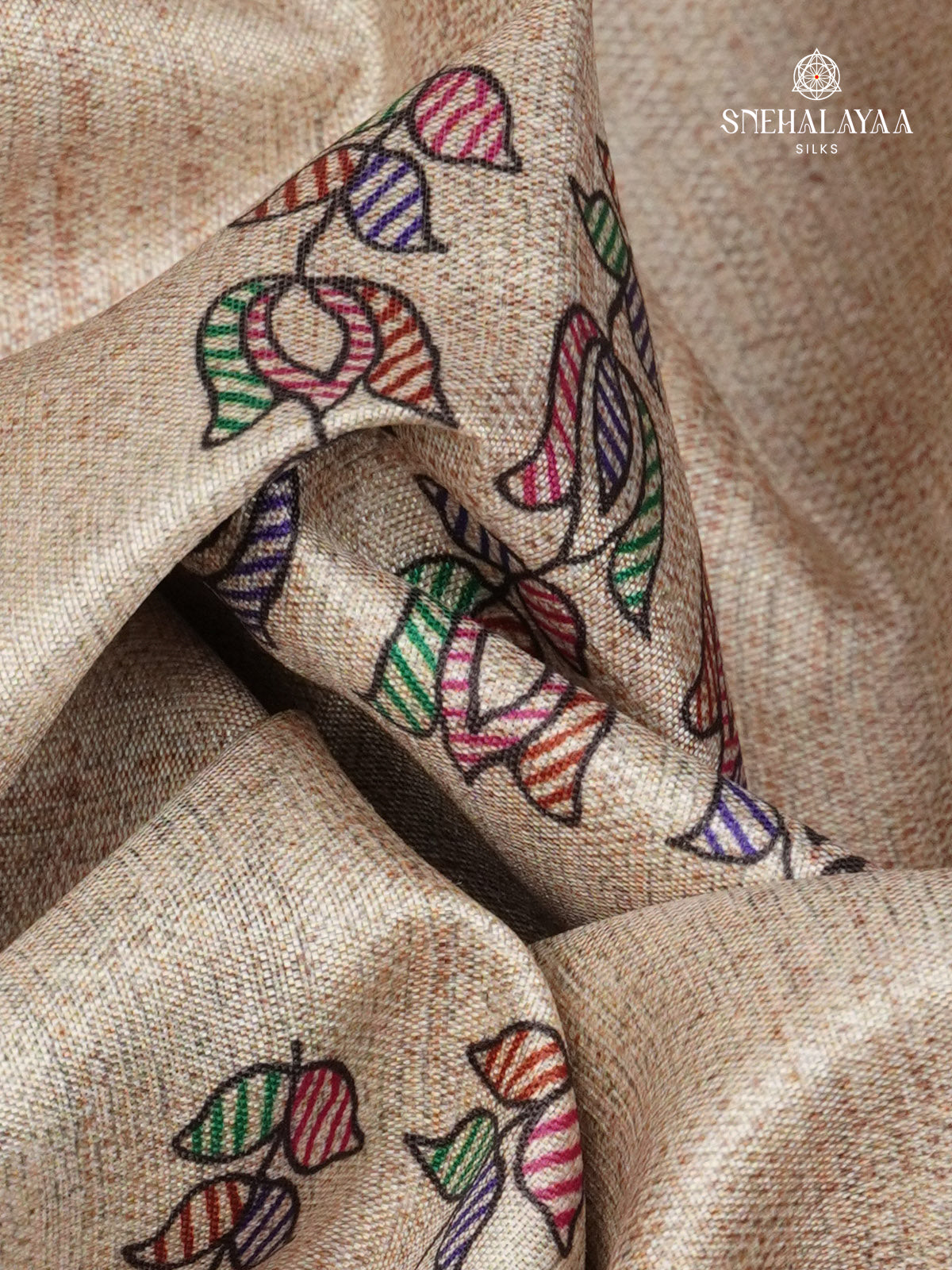 Beige With Navy Blue Border Madhubani Saree