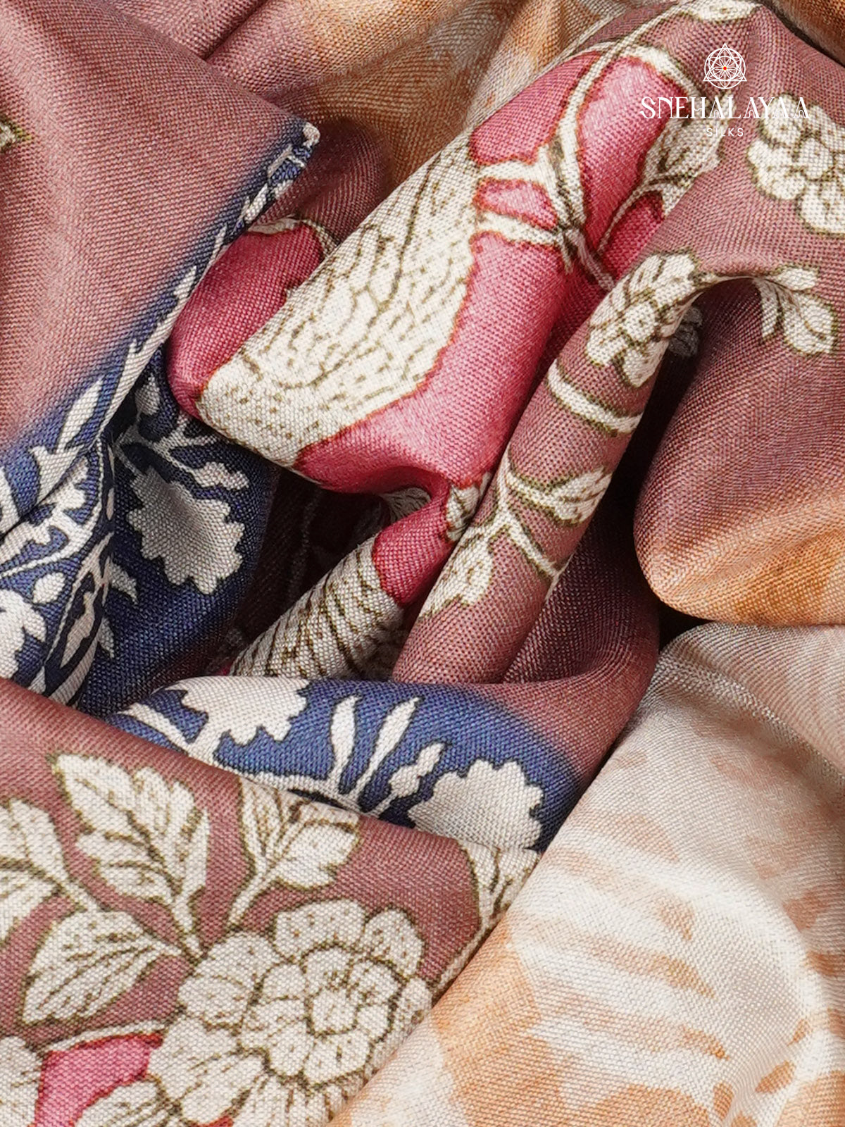 Brown Floral Printed Tussar Saree