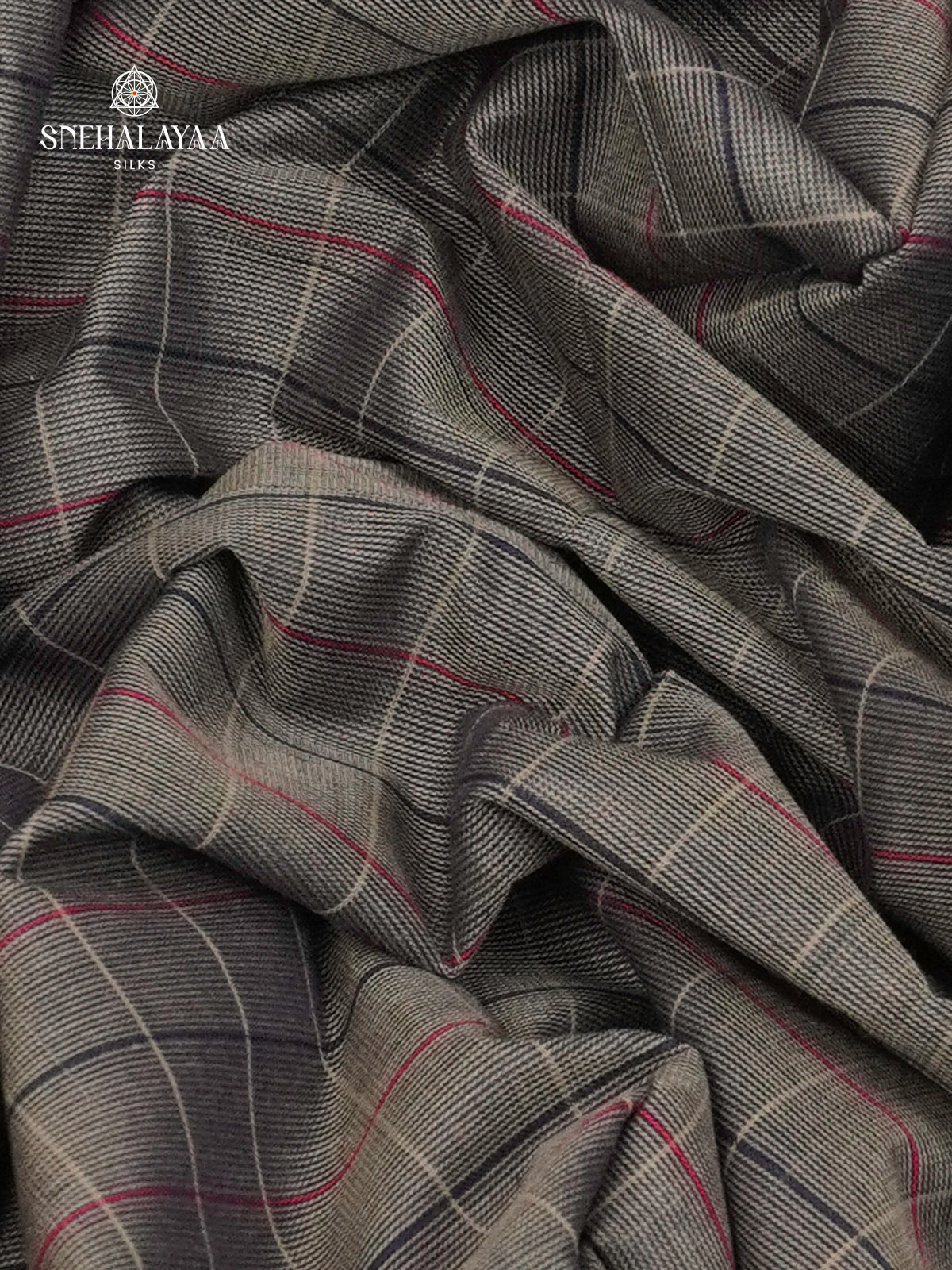 Checked Charcoal Grey Kanchi Cotton Saree with Red & Navy Irandu Karai Zari Borders