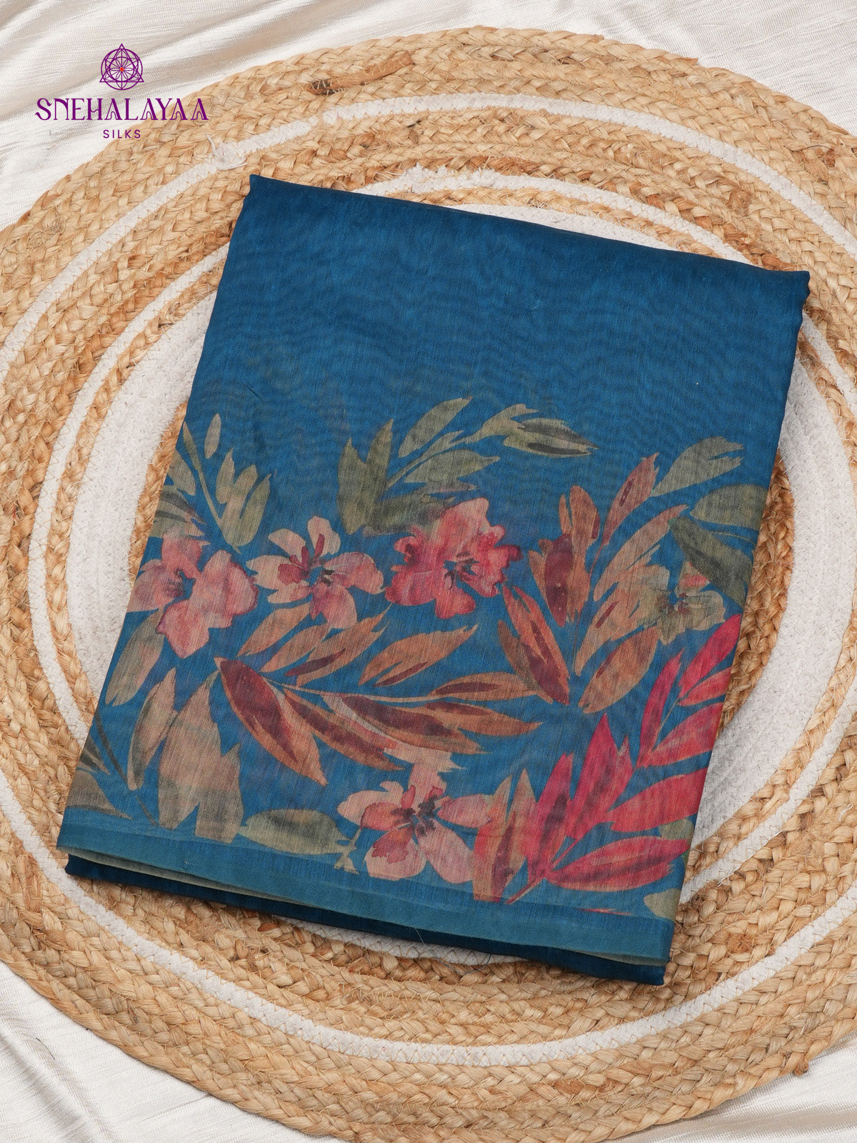 Teal Blue Printed Linen Saree