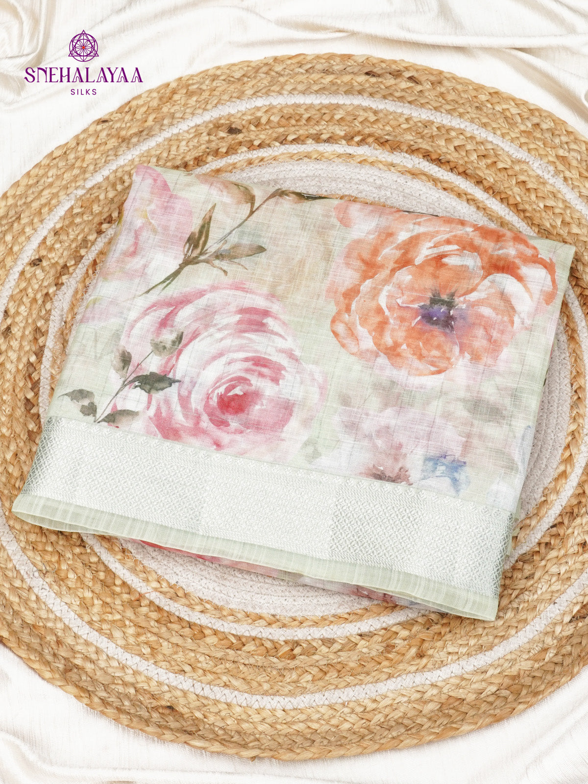 Off White Printed Linen Saree