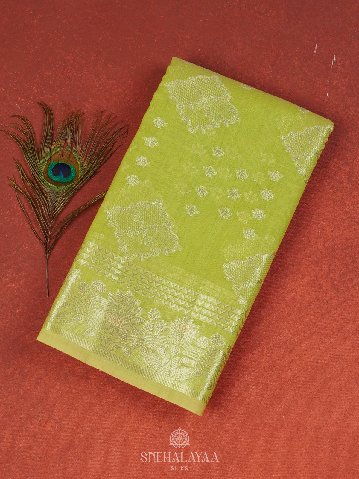 Lime Green Banaras Linen Saree