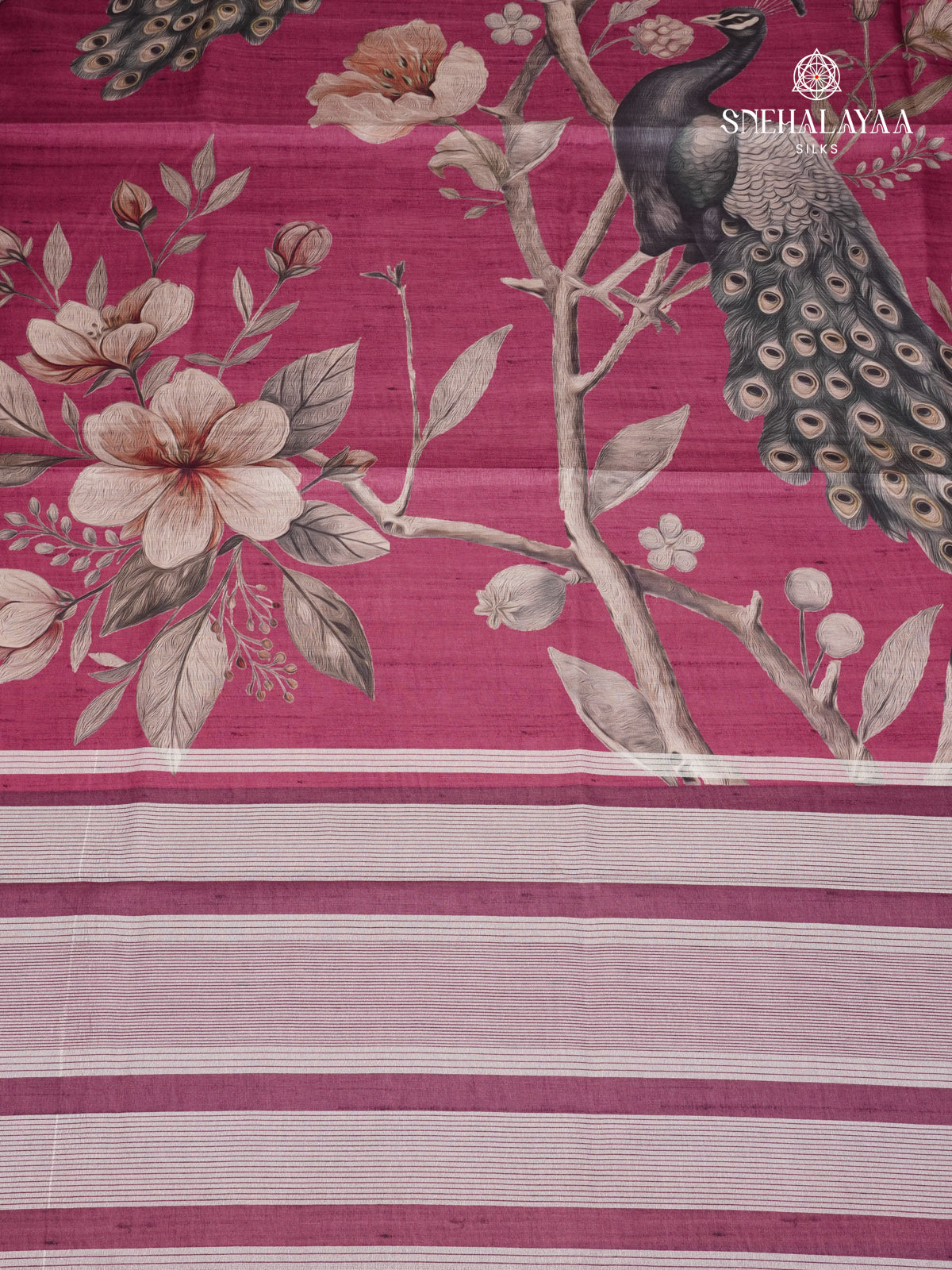 Magenta Floral Printed Tussar Saree