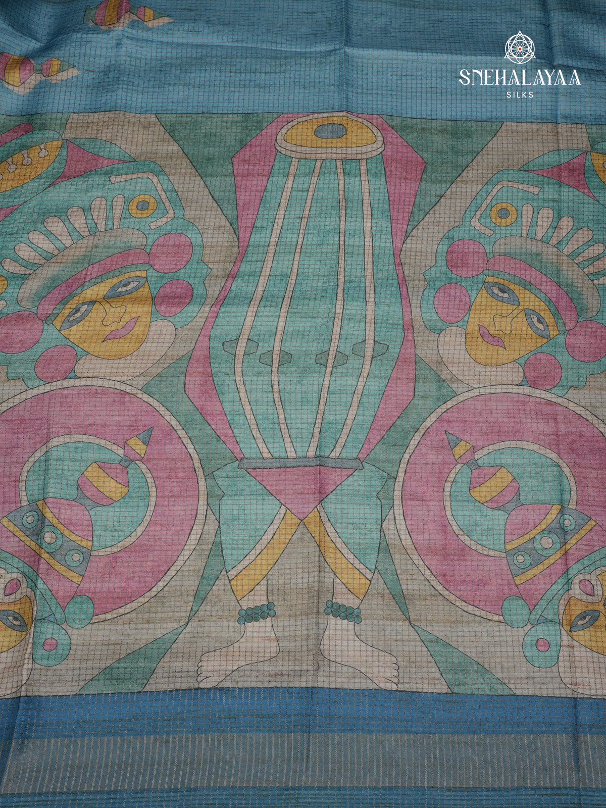 Teal Blue Printed Tussar Saree