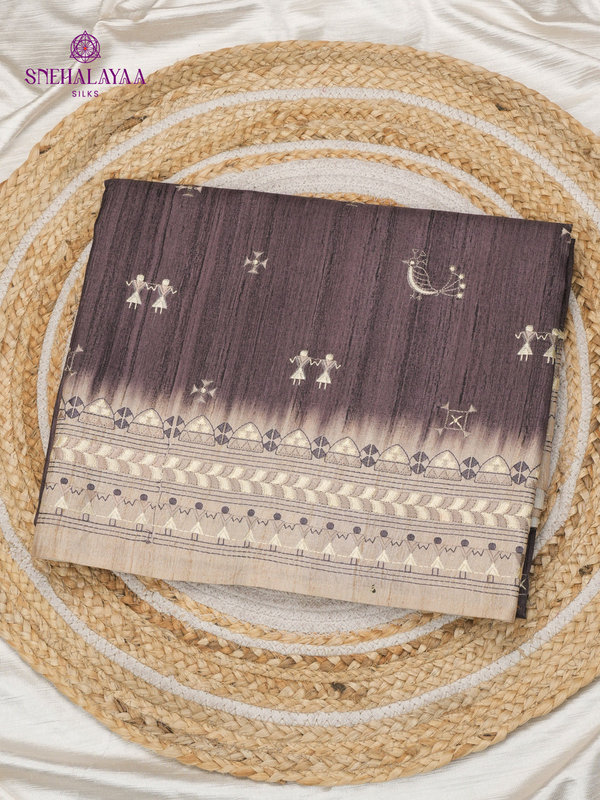 Plum Tussar Embroidery Saree