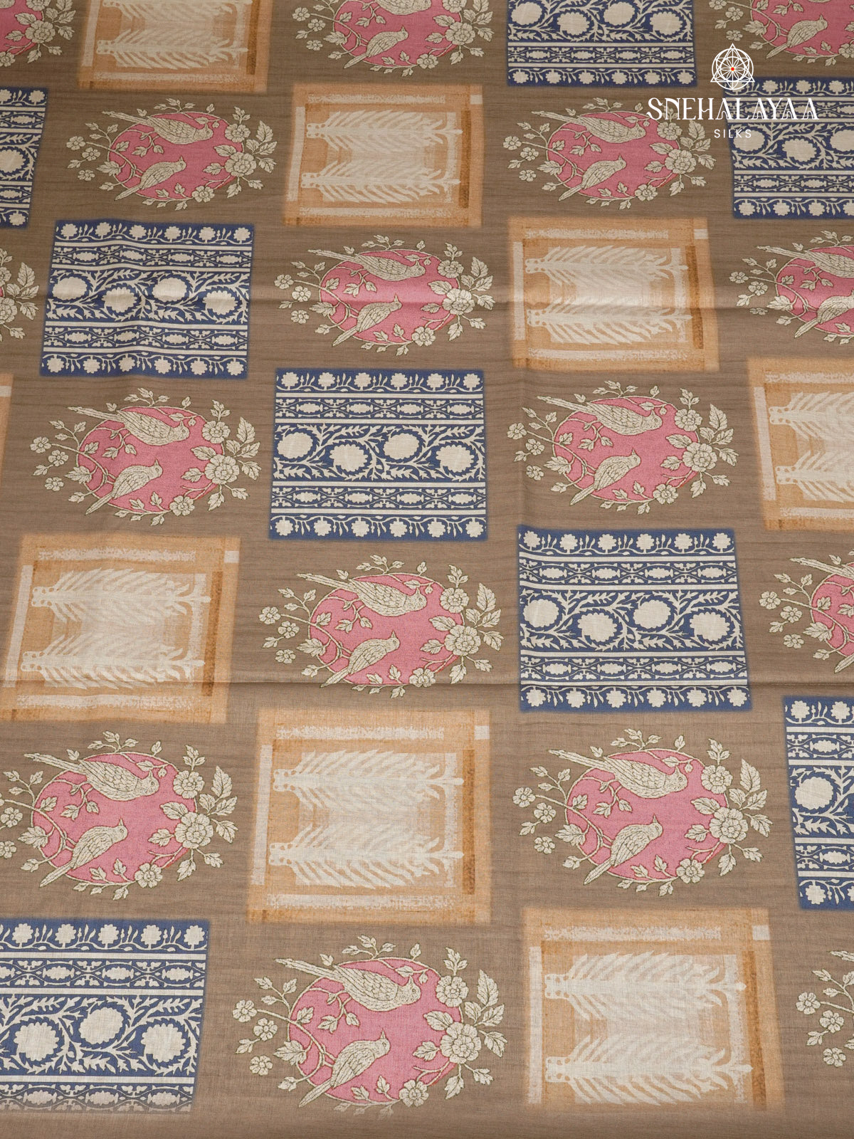 Brown Floral Printed Tussar Saree