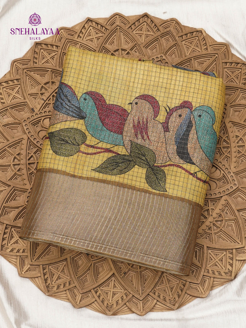 Golden Yellow Floral Printed Tussar Saree