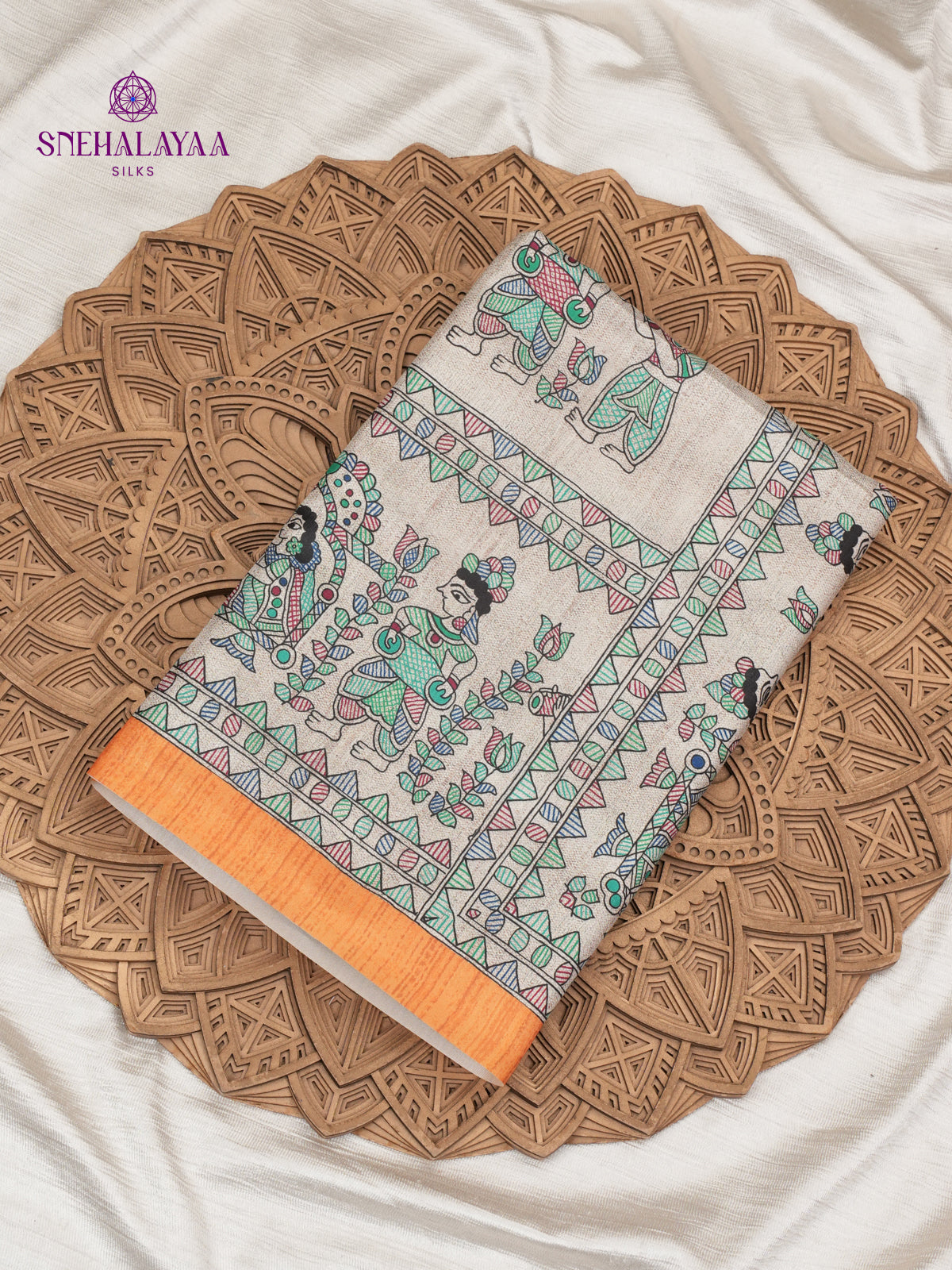 Beige With Yellow Border Madhubani Saree