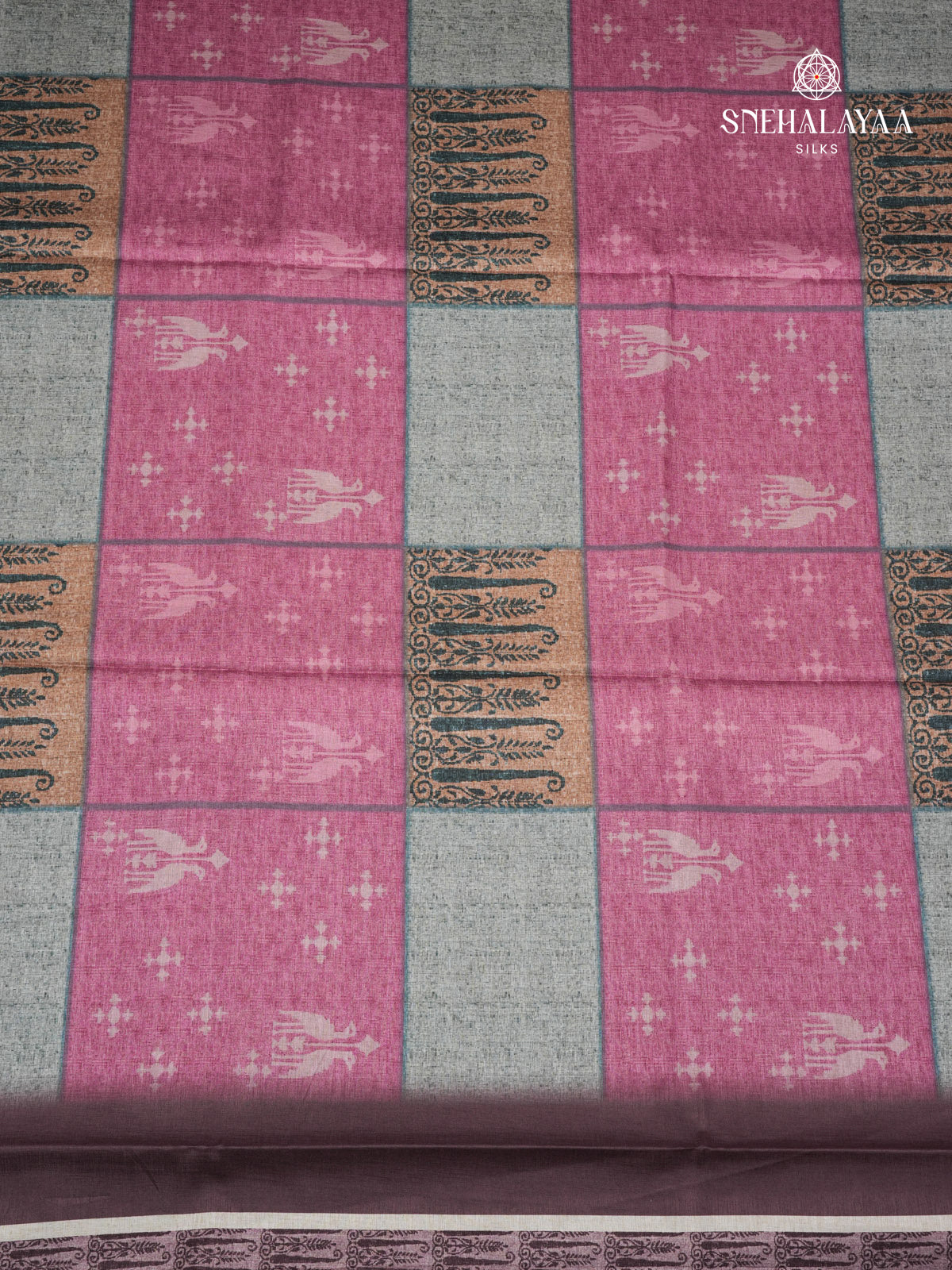 Pink Floral Printed Tussar Saree