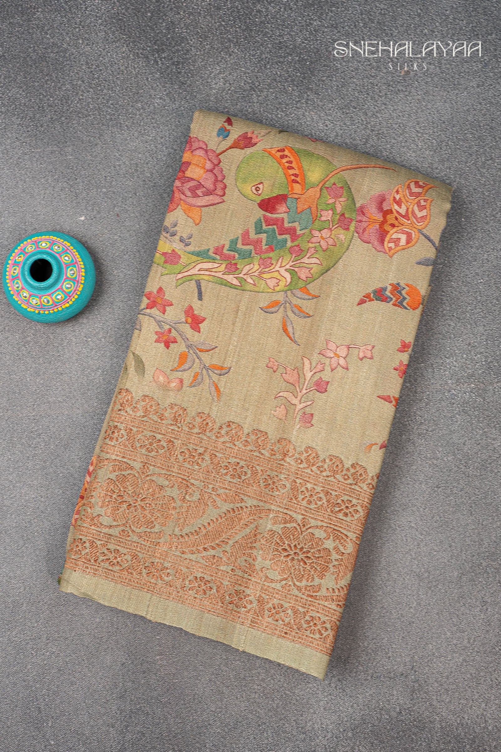 Olive Green Printed Jute Tussar Saree