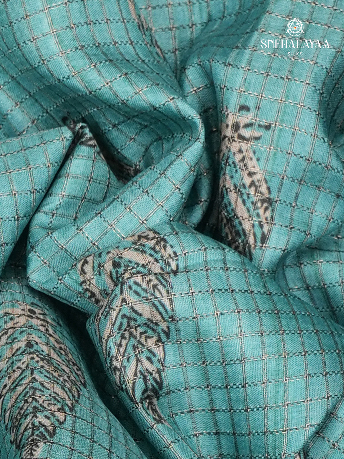 Teal Blue Floral Printed Tussar Saree