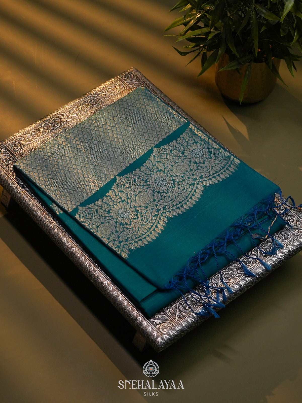 Peacock Blue Kora Silk Cotton Saree
