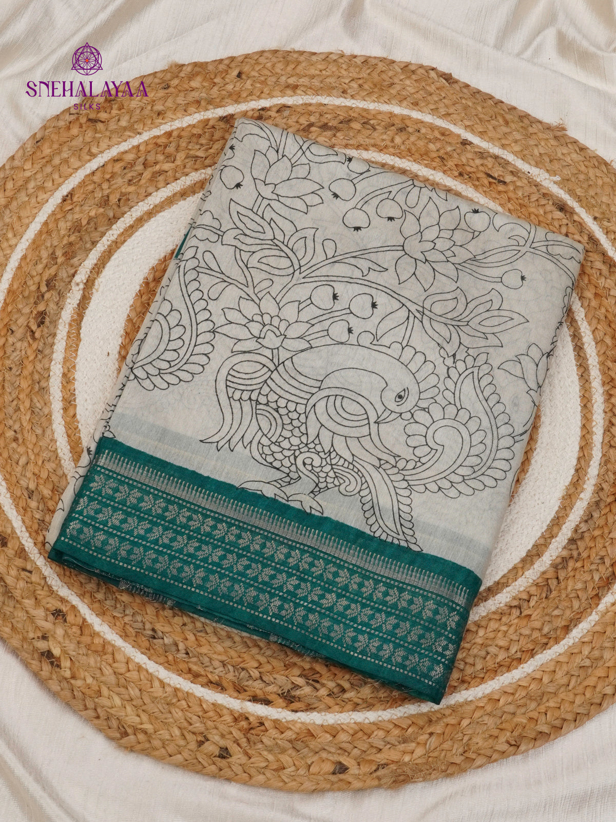 Light White Kalamkari Saree with Teal Green Woven Border