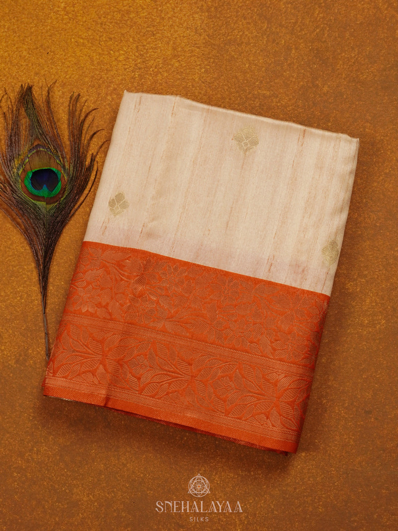 Cream With Orange Border Tussar Saree
