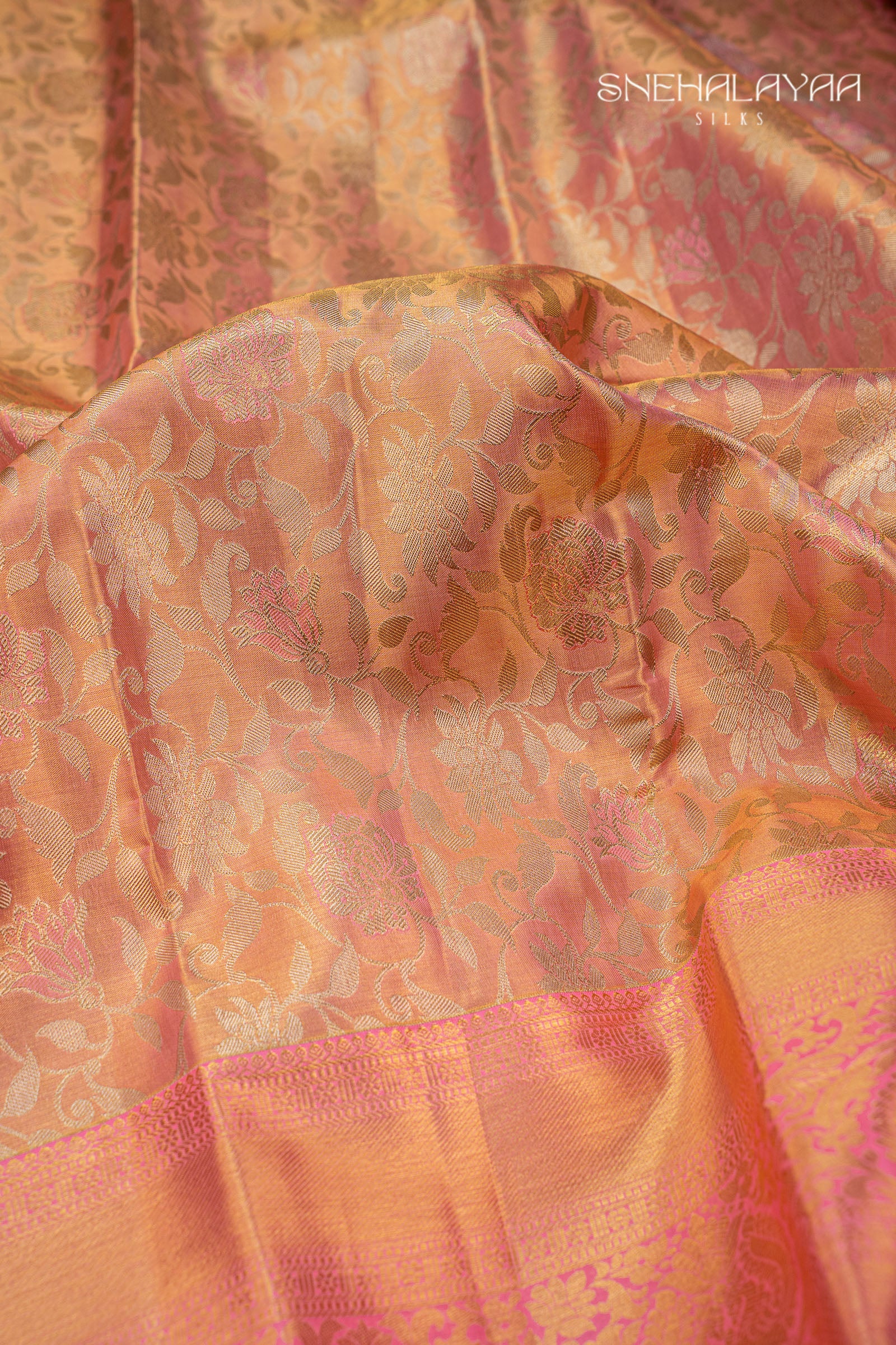 Peach Pink Tissue Kancheevaram Silk Saree