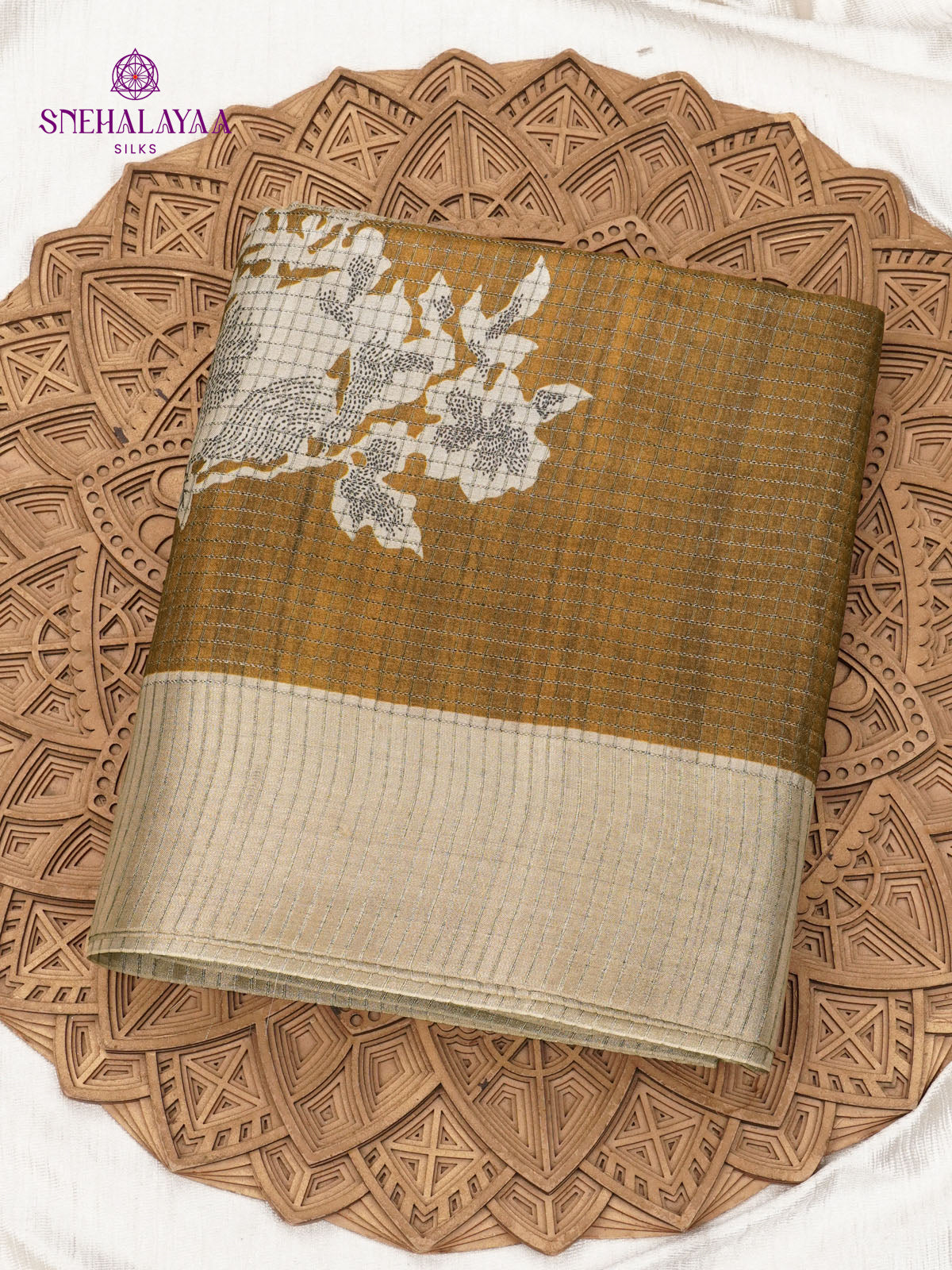 Brown Floral Printed Tussar Saree