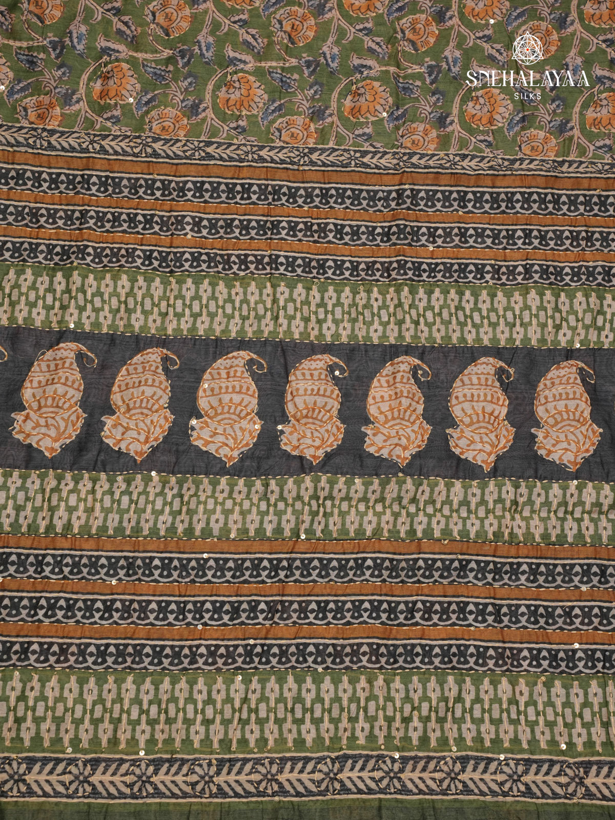 Olive Green Linen Embroidery Saree