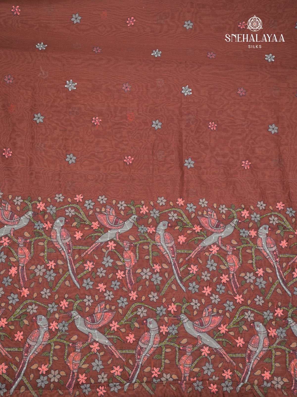 Brown Linen Embroidery Saree