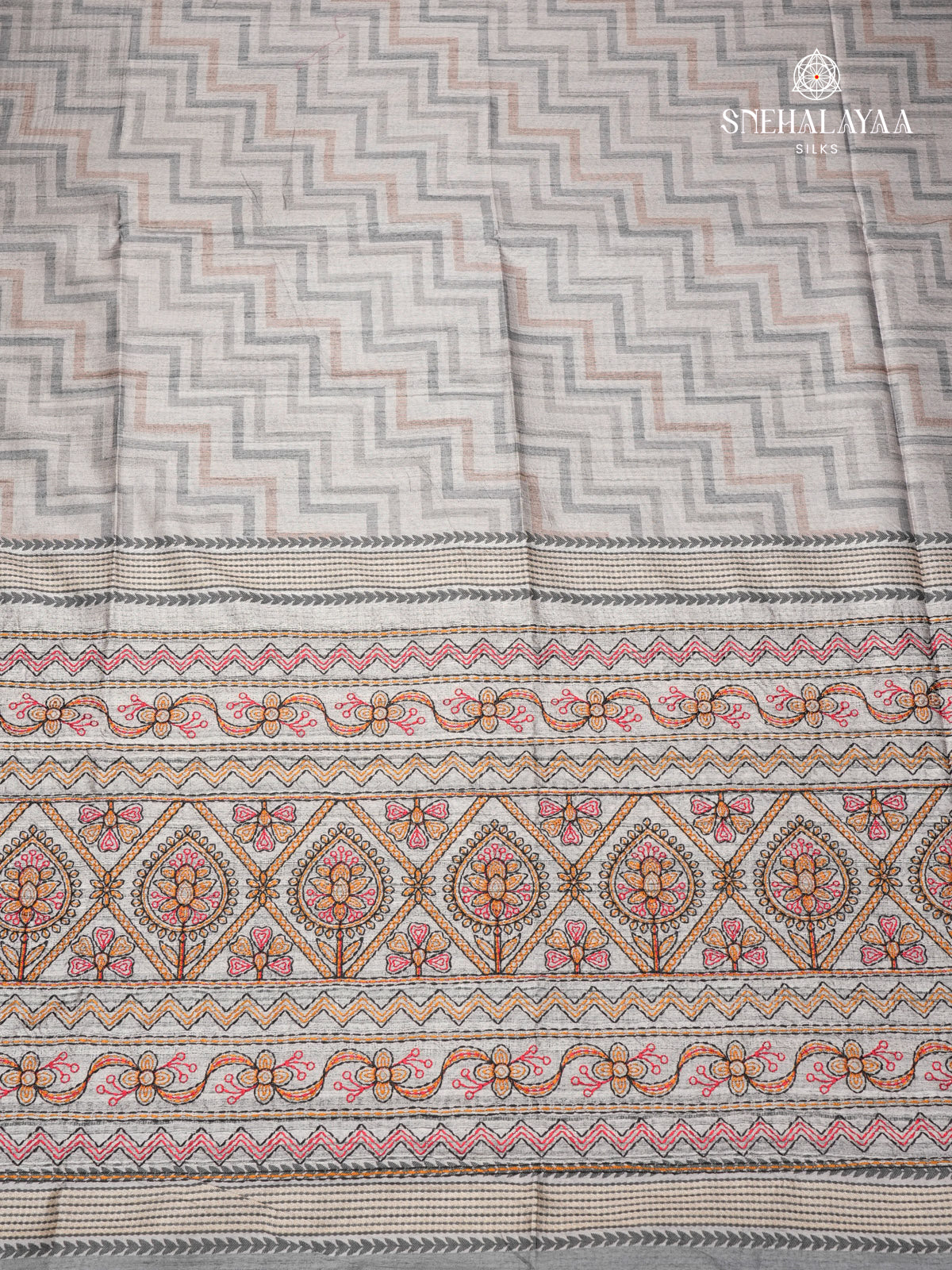 Grey Tussar Embroidery Saree