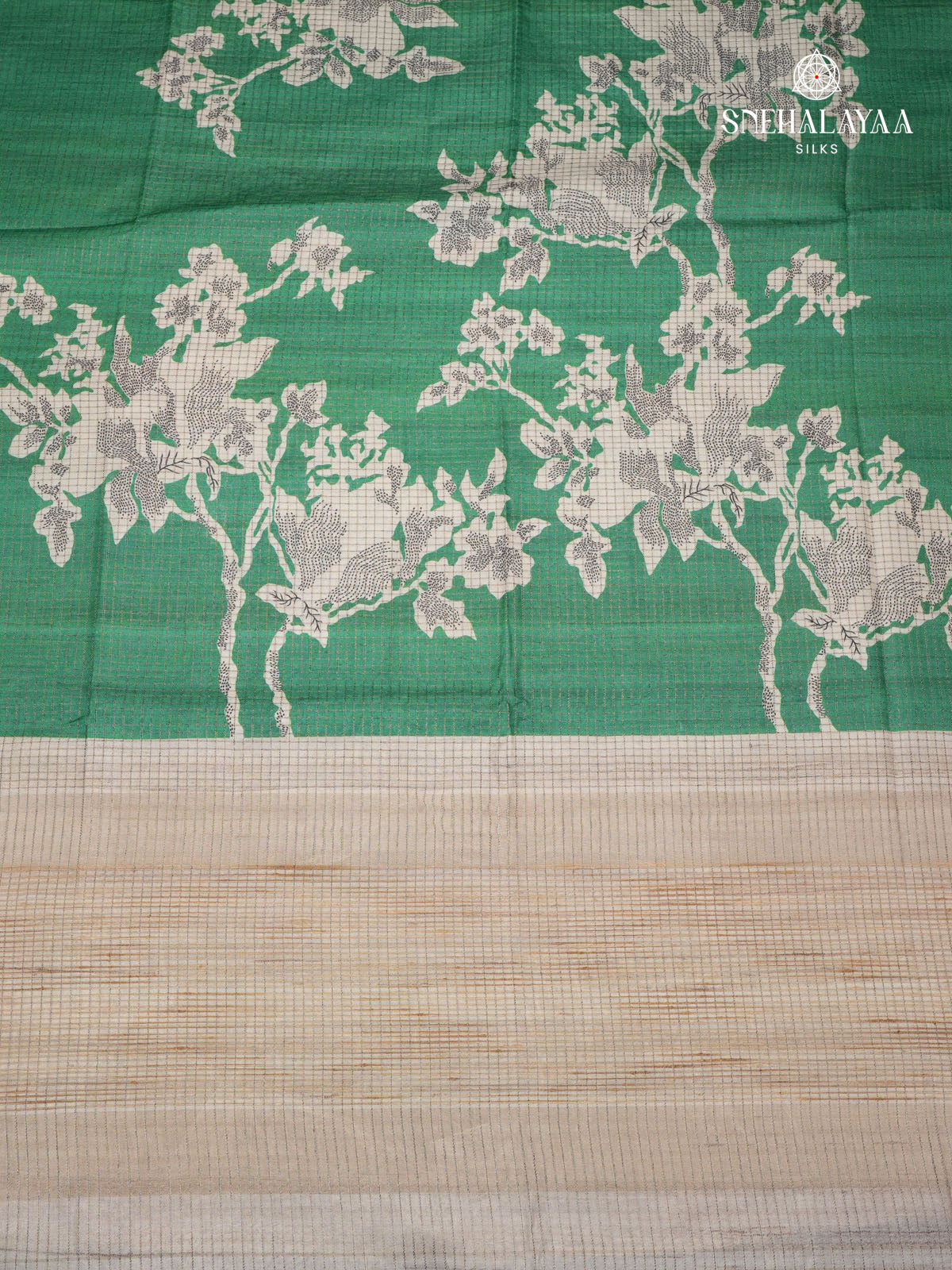 Emerald Green Floral Printed Tussar Saree