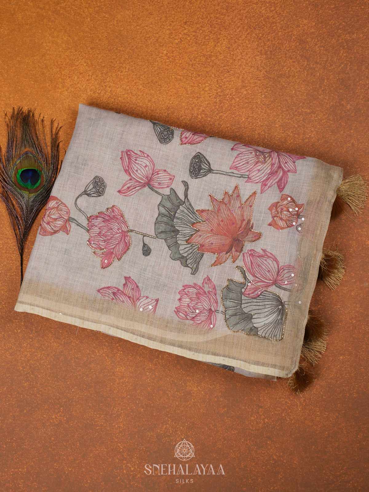 Cream Linen Embroidery Saree