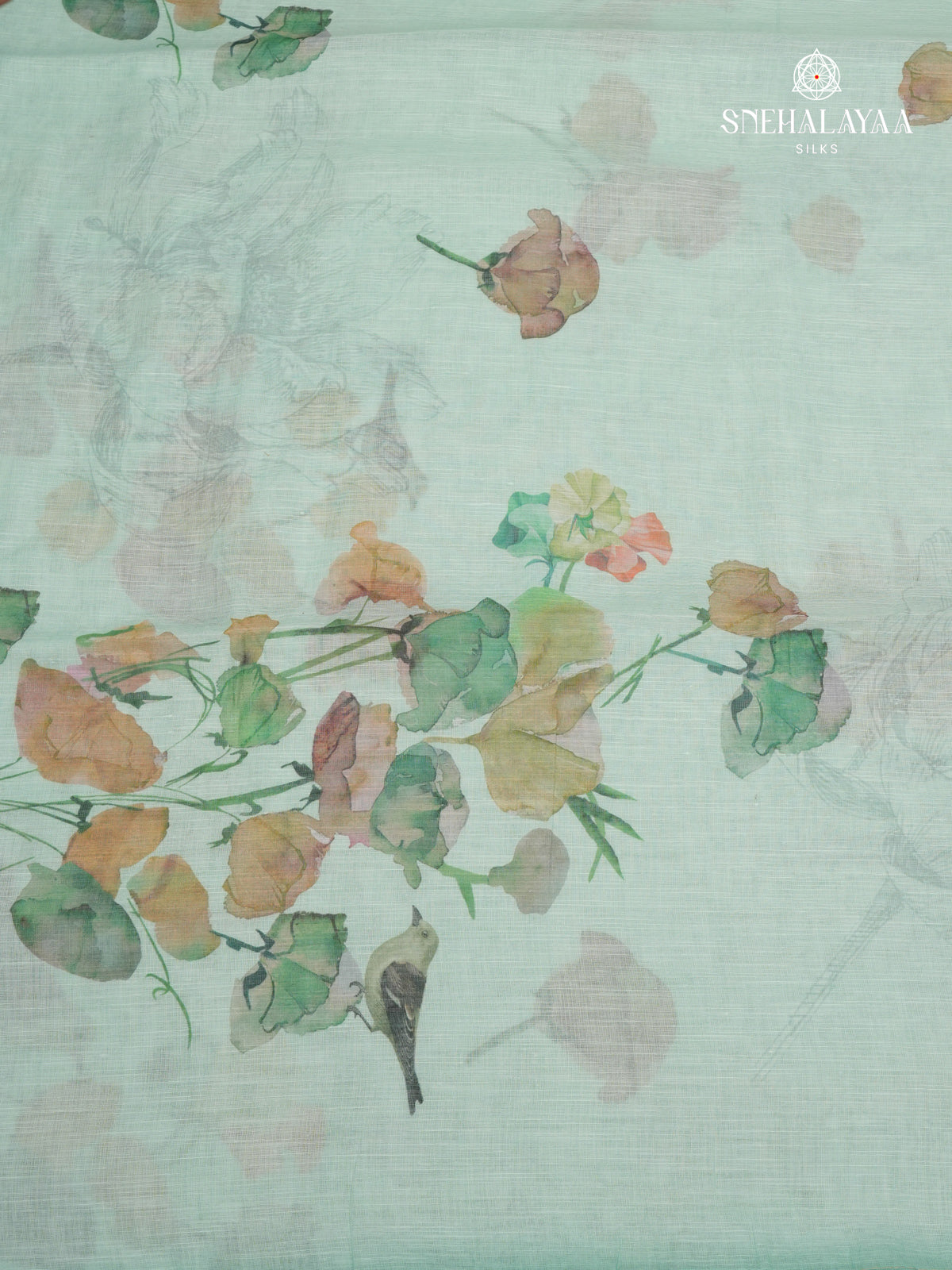 Pastel Green Printed Linen Saree