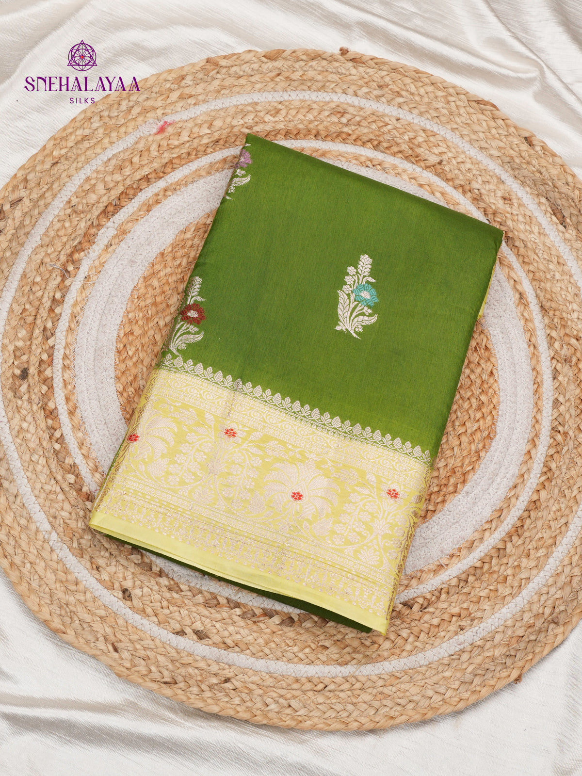 Olive Green Chiniya Silk Saree with Lemon Yellow Woven Border
