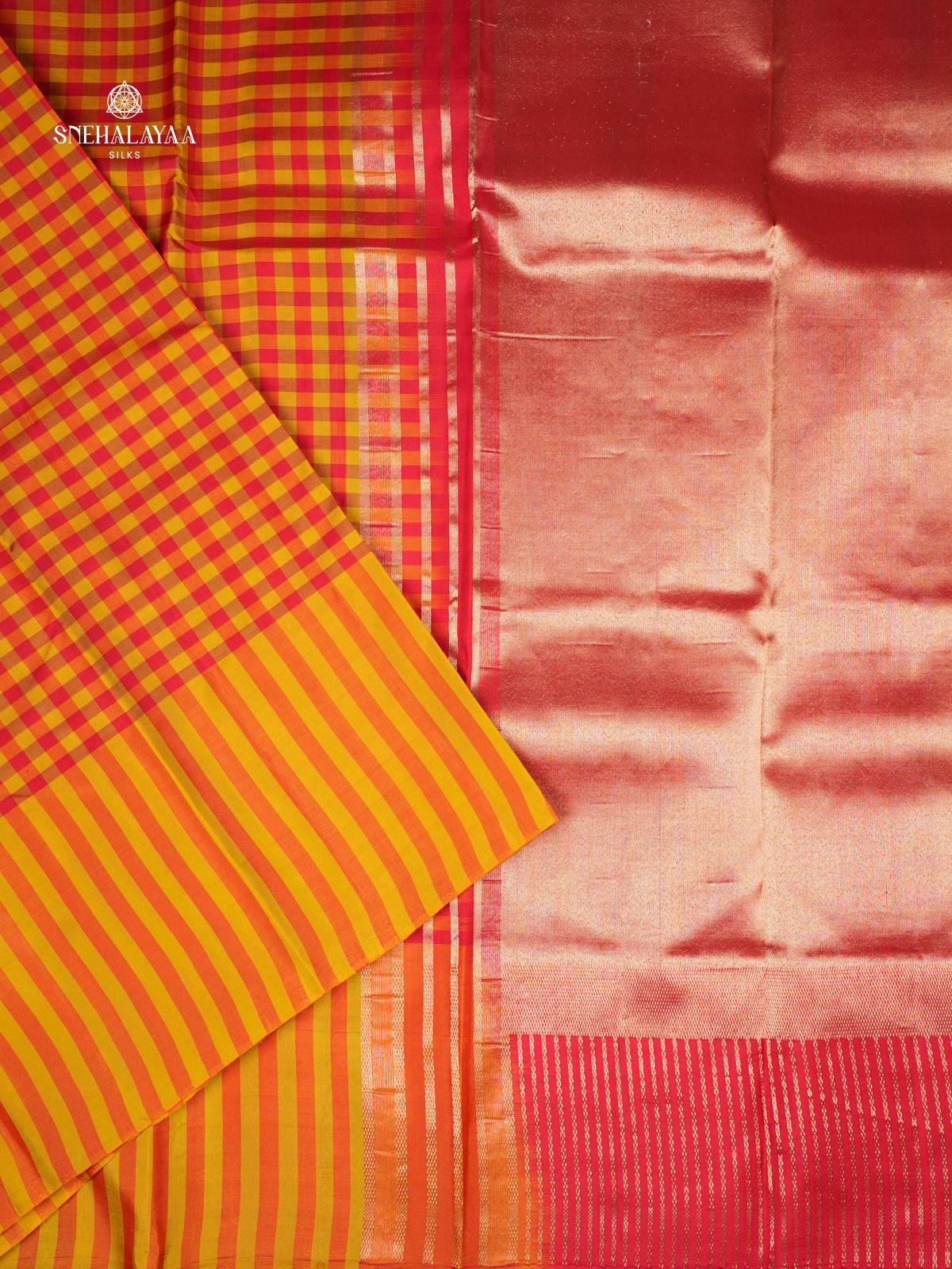 Orange Checks Kanjivaram Silk Saree