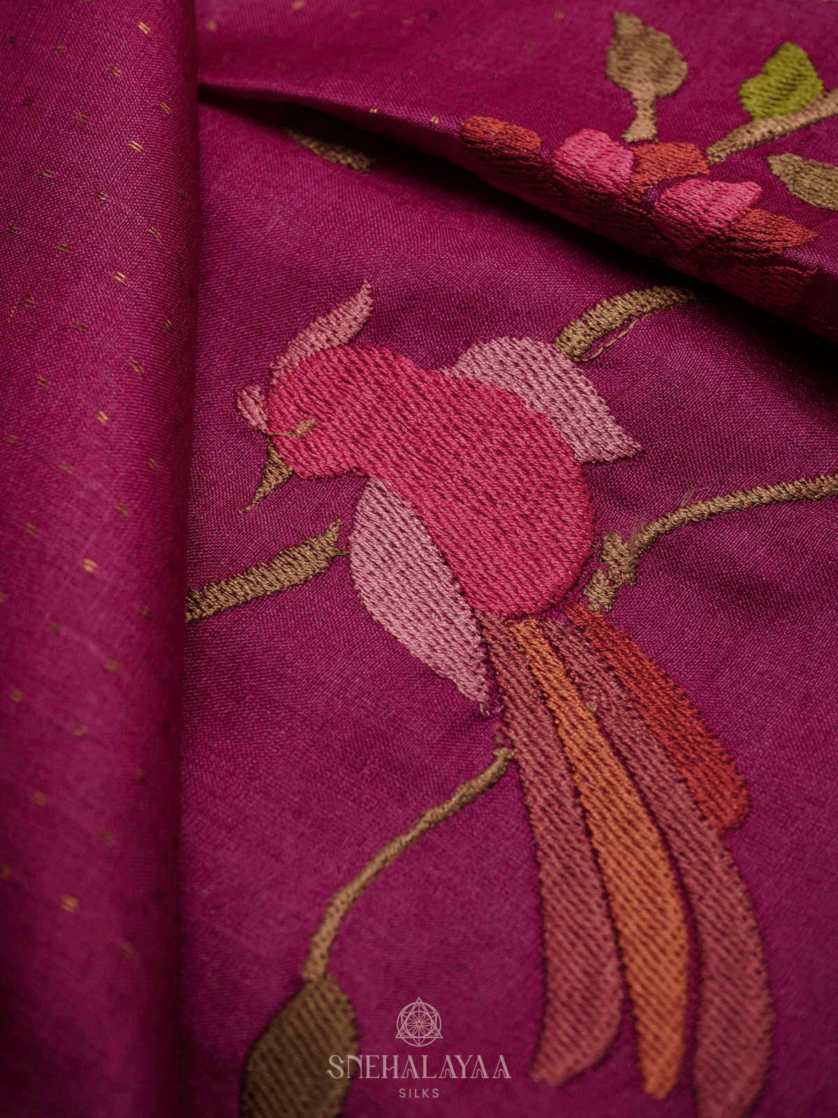 Magenta Pink Tussar Embroidery Saree
