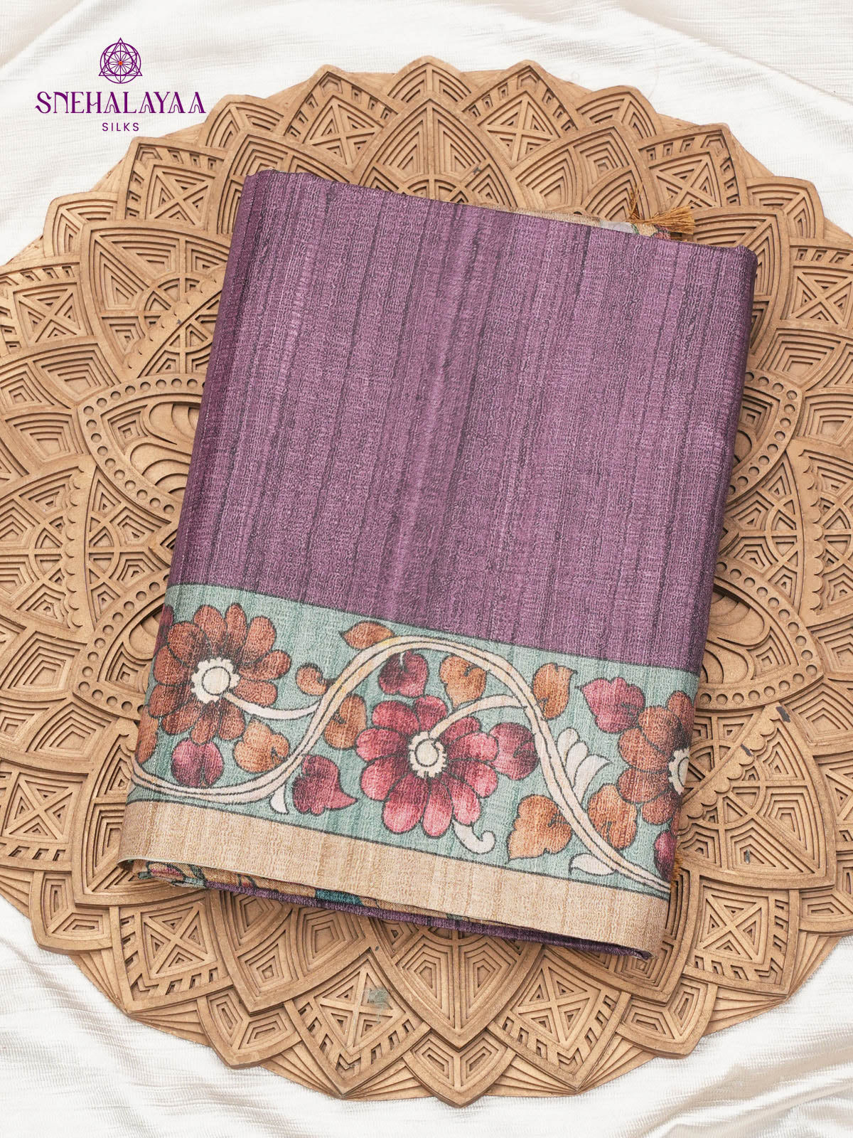 Purple Floral Printed Tussar Saree