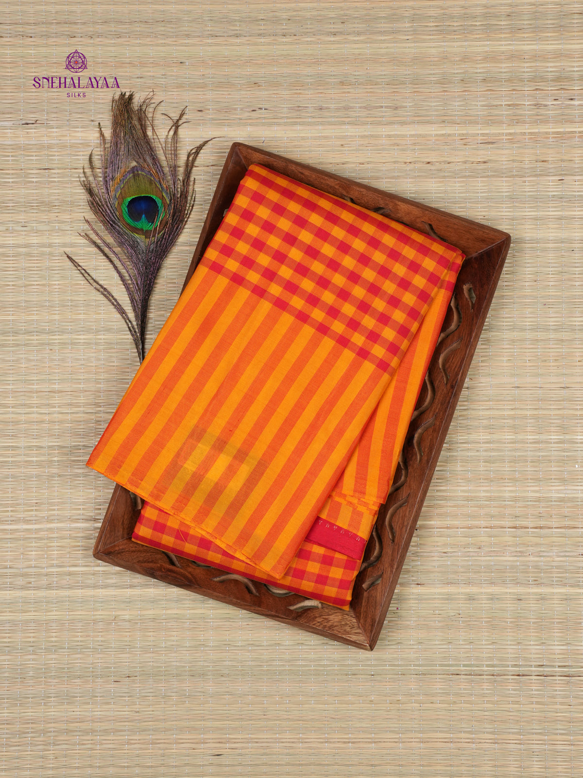Orange Checks Kanjivaram Silk Saree