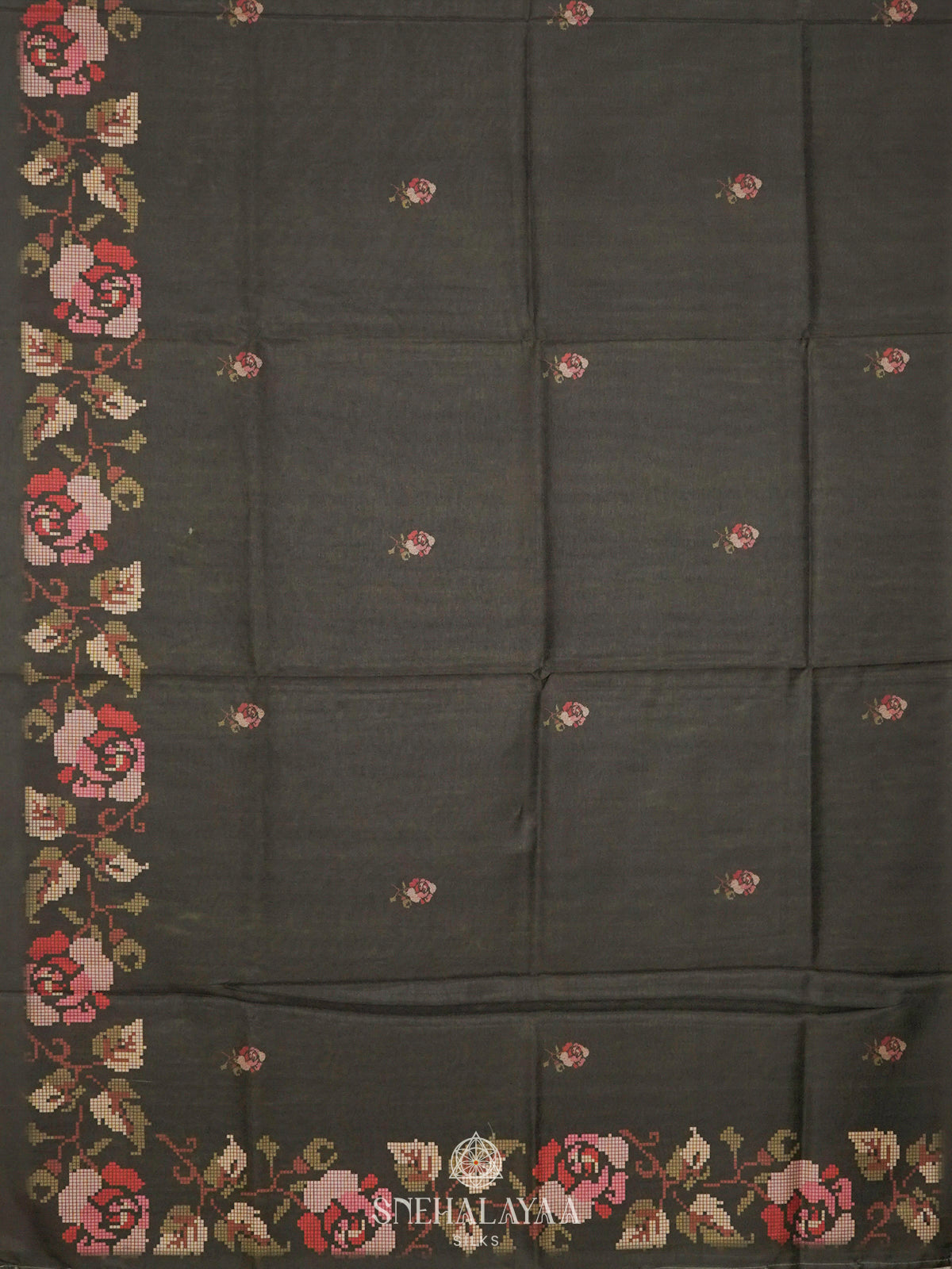 Olive Green Floral Printed Tussar Saree