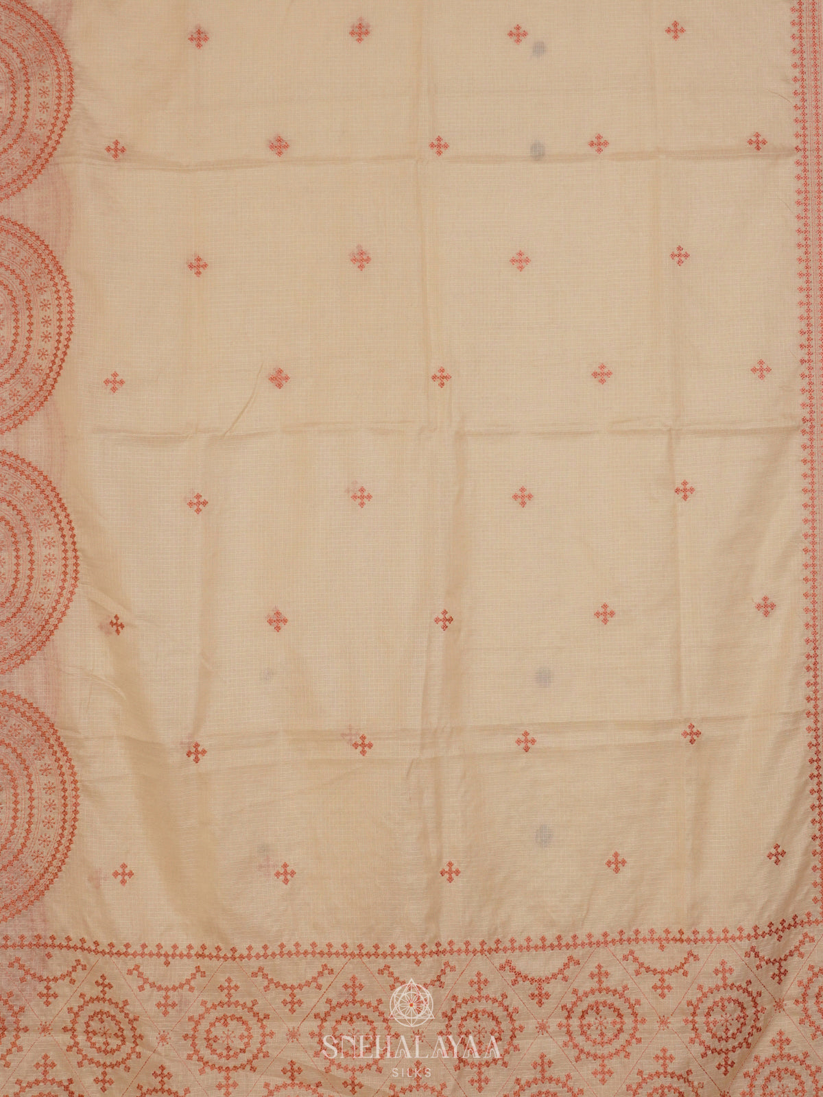 Cream Kota Embroidery Saree Pink Border