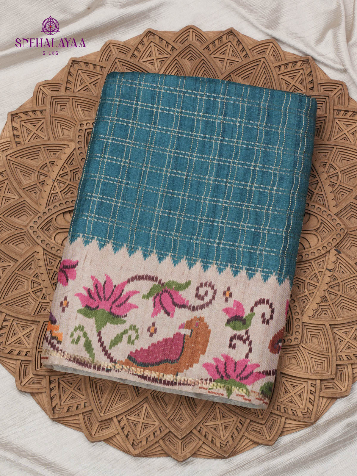 Peacock Blue Floral Printed Tussar Saree