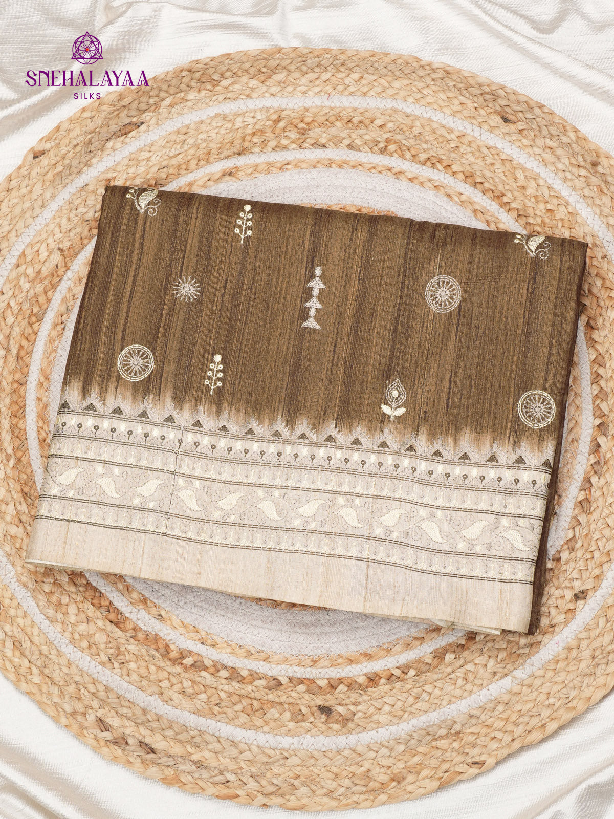 Brown Tussar Embroidery Saree