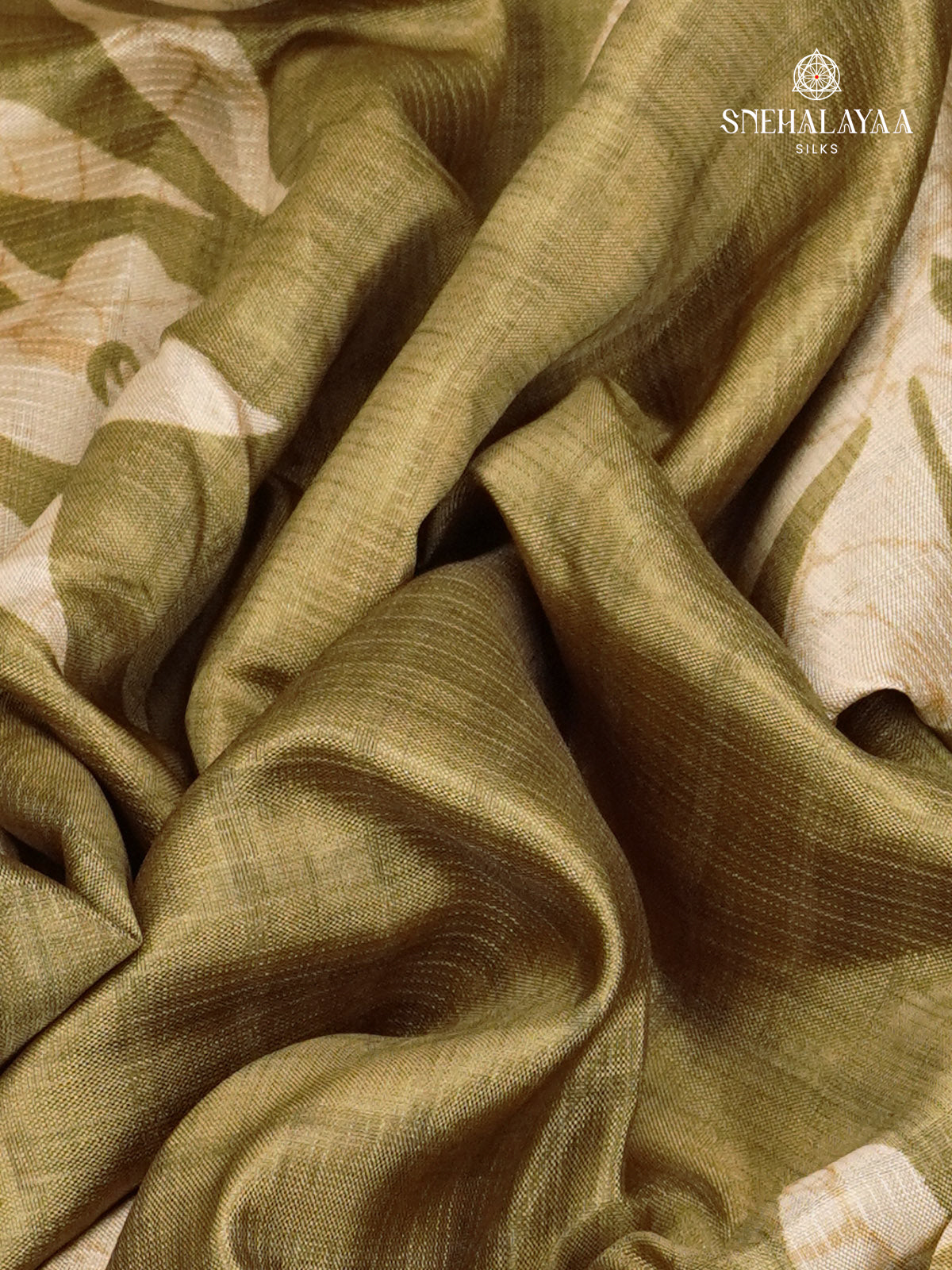 Olive Green Floral Printed Tussar Saree