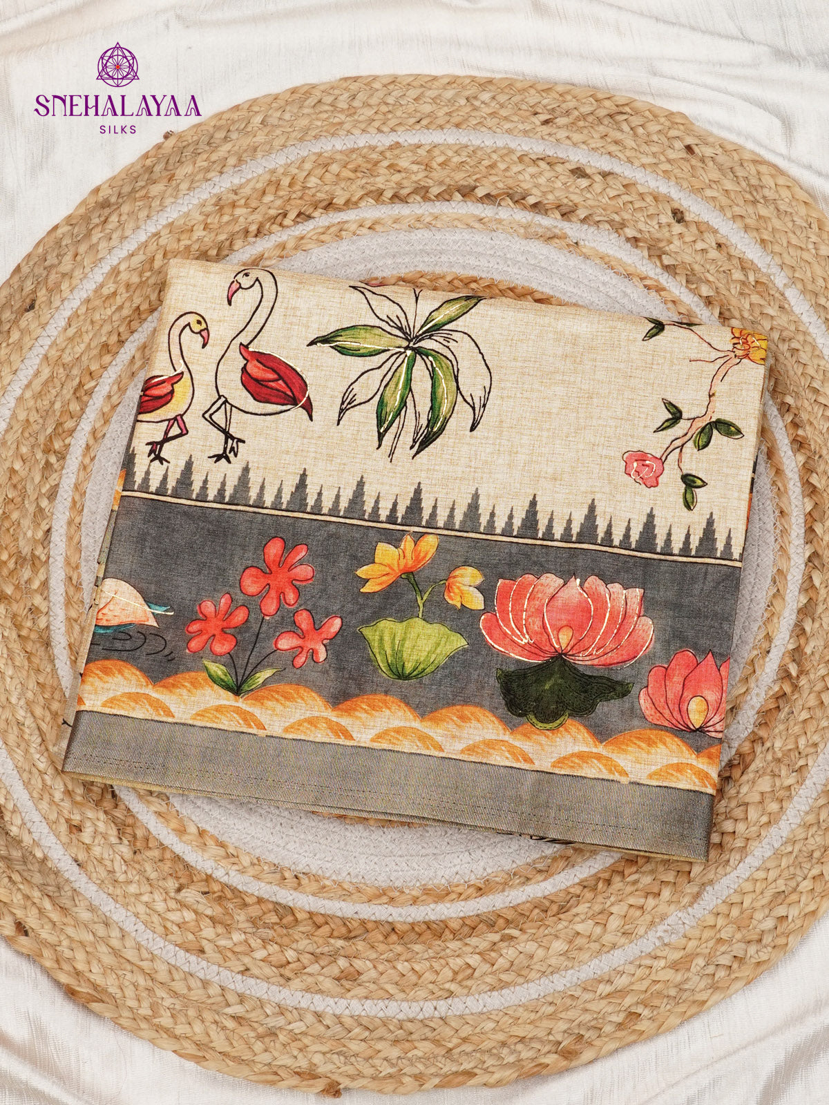 Beige With Grey Floral Tussar Saree