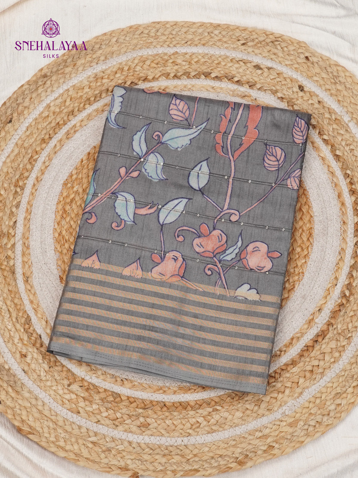 Grey Floral Printed Tussar Saree