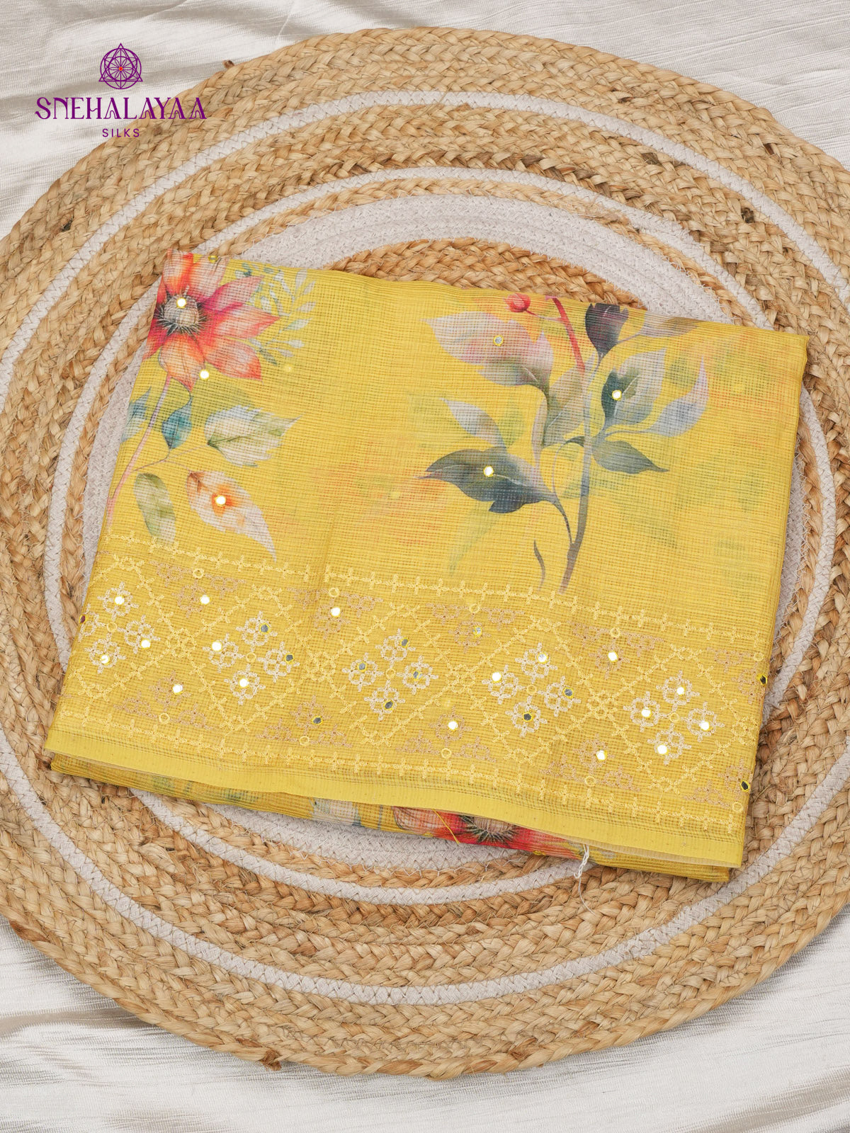 Yellow Kota Embroidery Saree