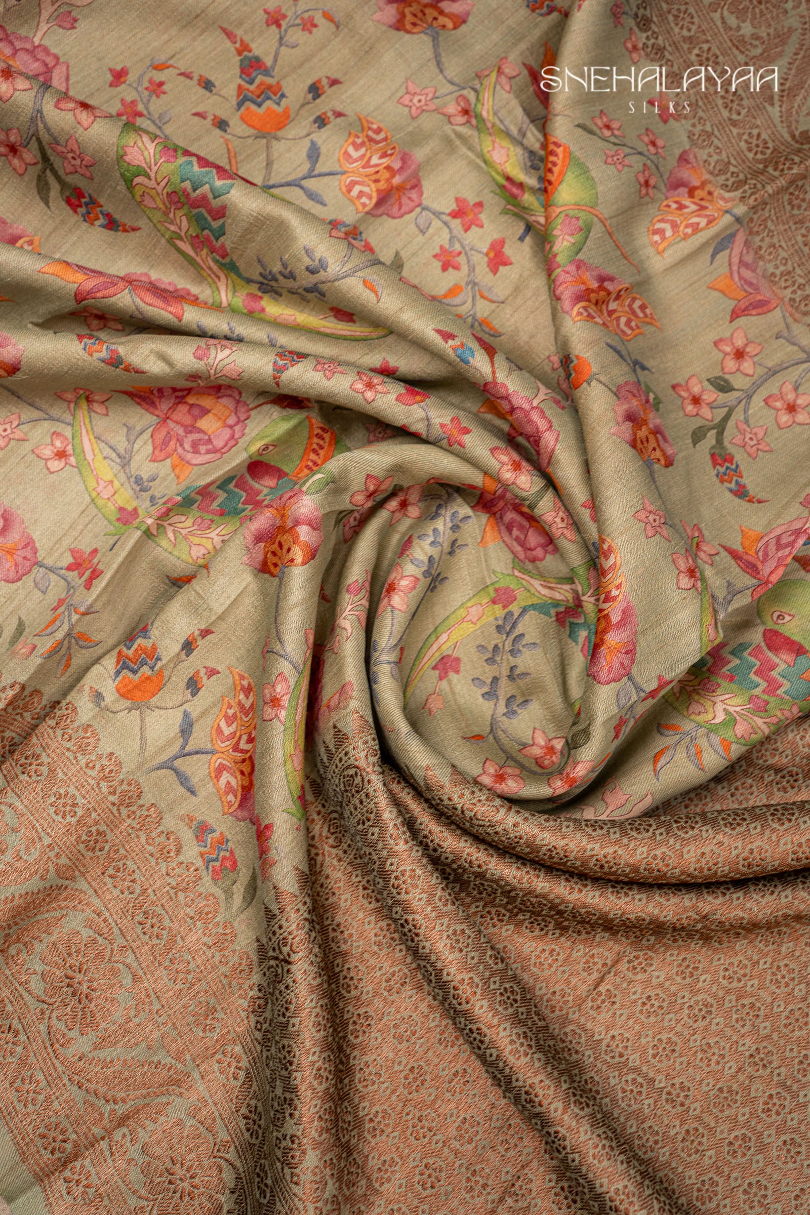 Olive Green Printed Jute Tussar Saree