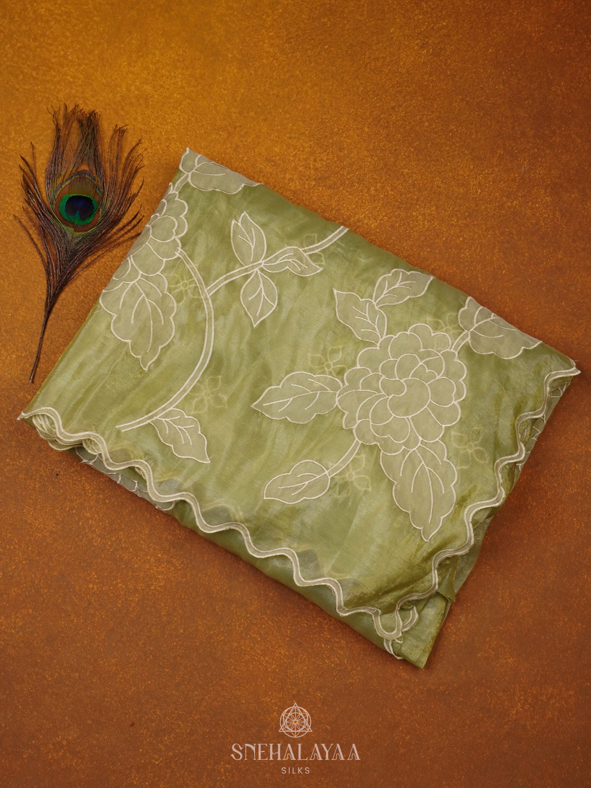 Olive Green Crush Tissue Embroidery Saree