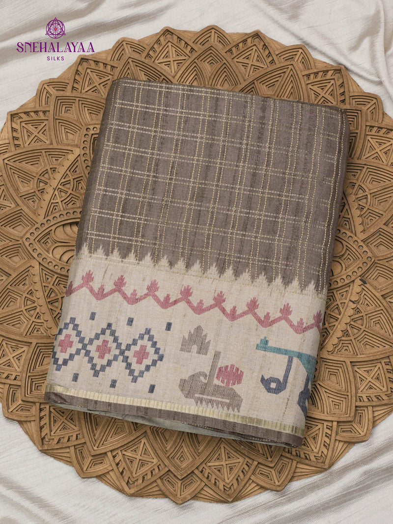 Brown Printed Tussar Saree