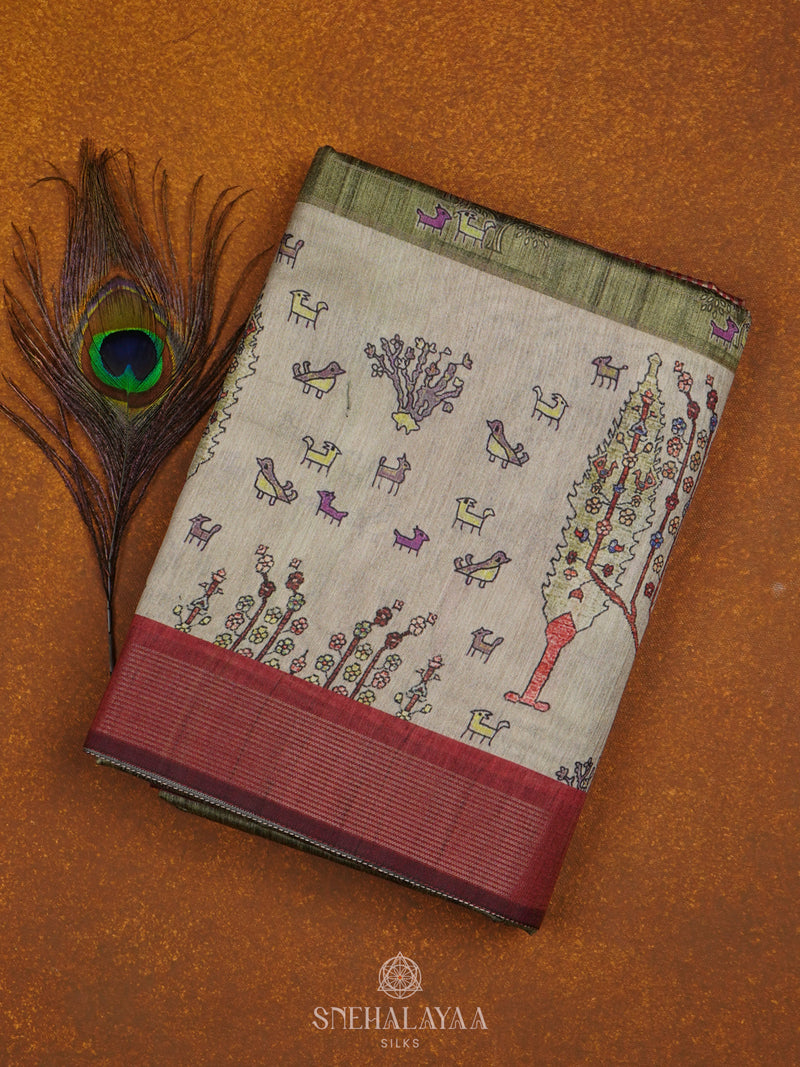 Olive Green Munga Tussar Saree