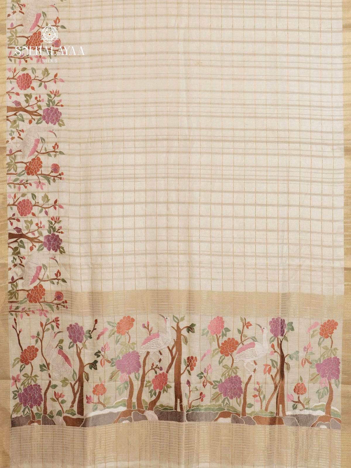 White Munga Tussar Embroidery Saree