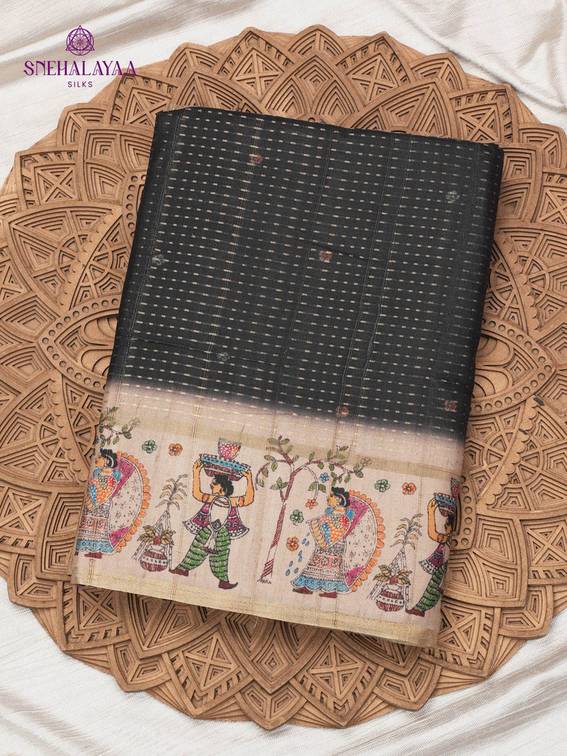 Black Floral Printed Tussar Saree