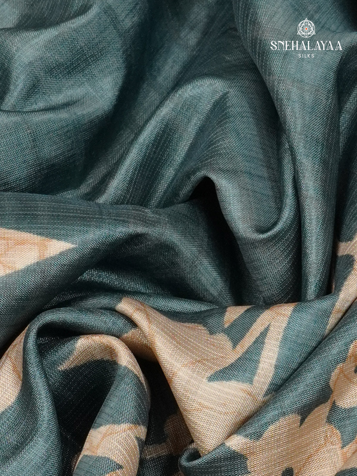 Teal Blue Floral Printed Tussar Saree