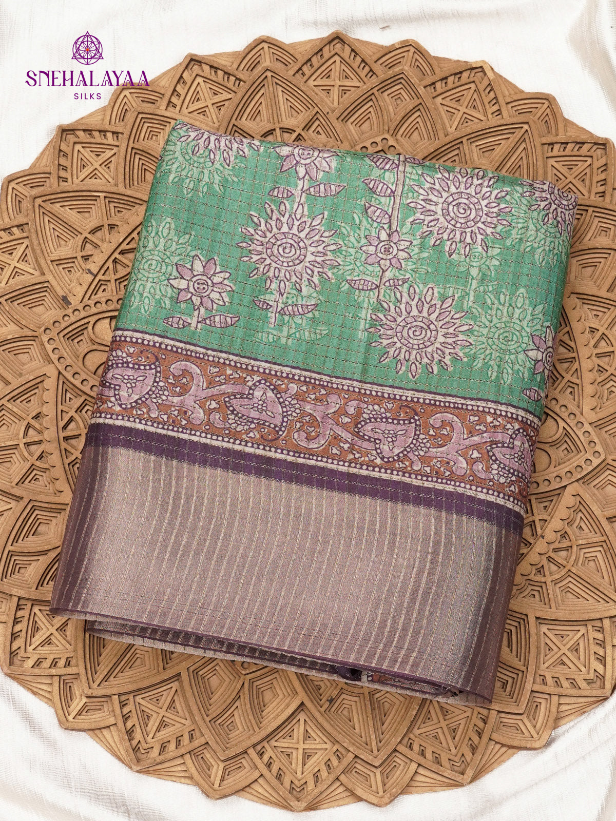 Pastel Green Floral Printed Tussar Saree